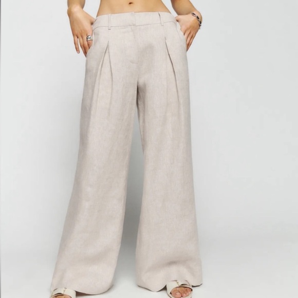 Reformation Asher Low Rise Wide Leg 100% Linen Pant in Oatmeal Size 2 $198